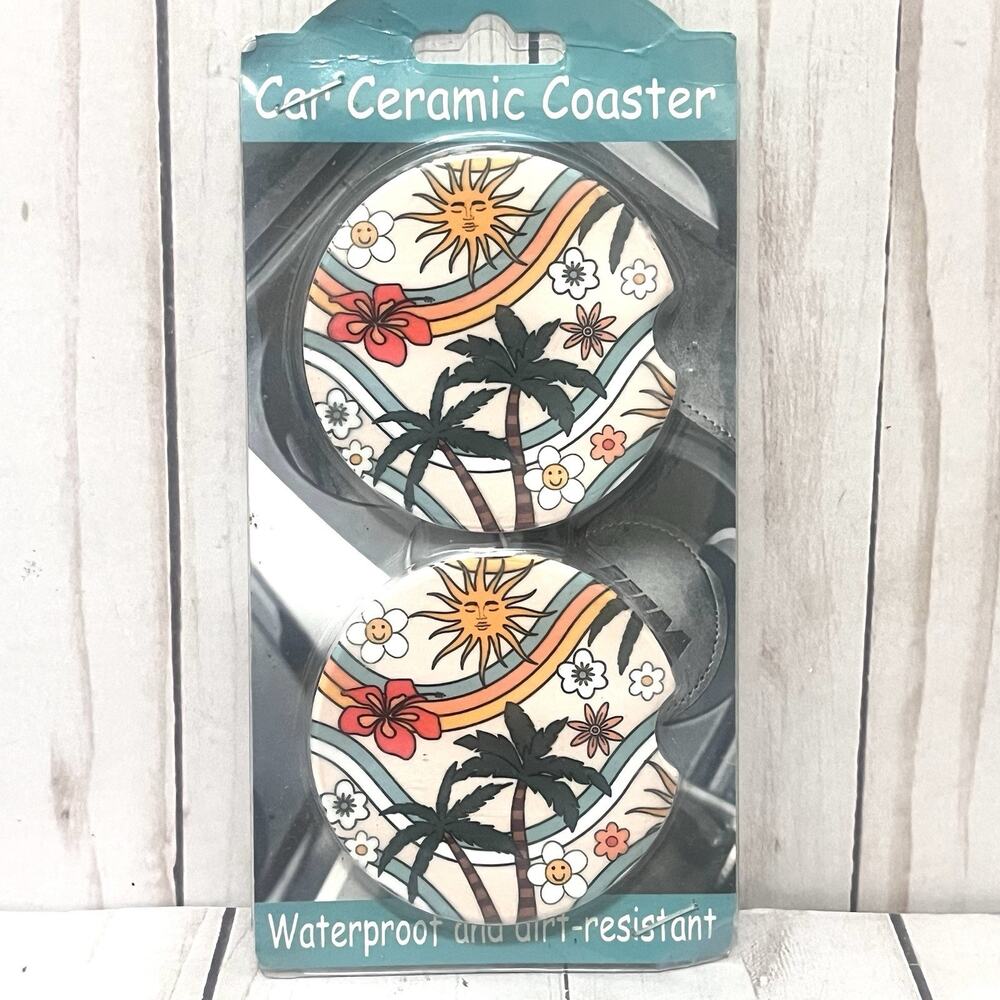 Car Ceramic Coasters Sun and Palm Trees Waterproof and Dirt Resistant